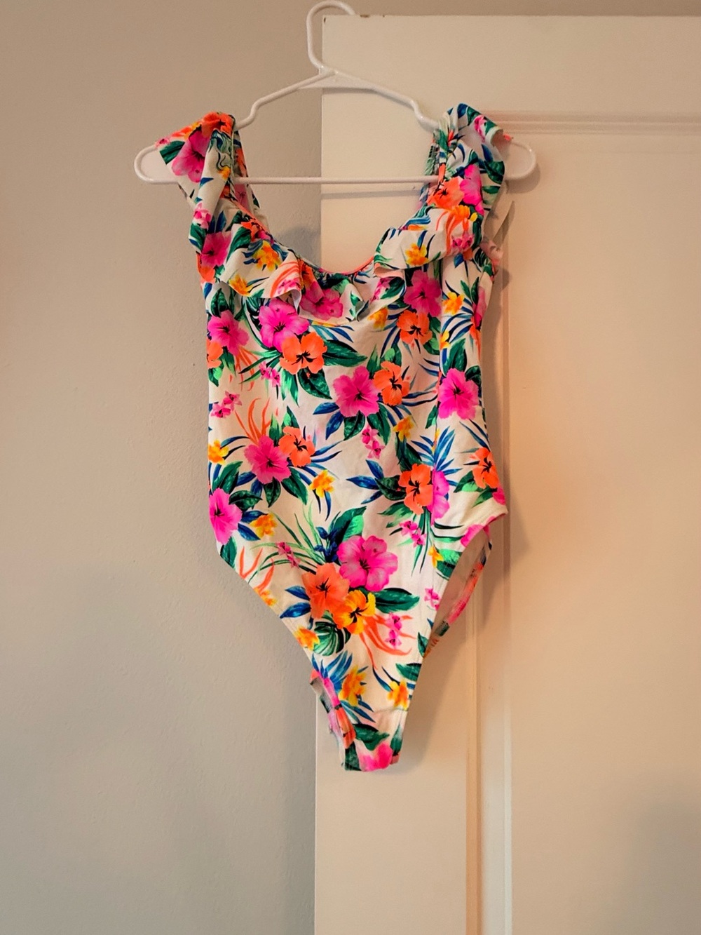 Rue21 Girls Floral One-Piece Swimsuit - White with Pink & Orange Flowers